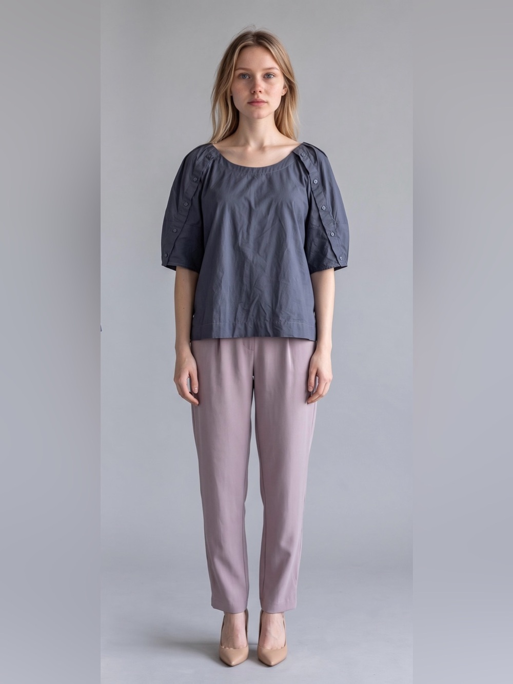 LOFT Slate Gray Puff-Sleeve Blouse